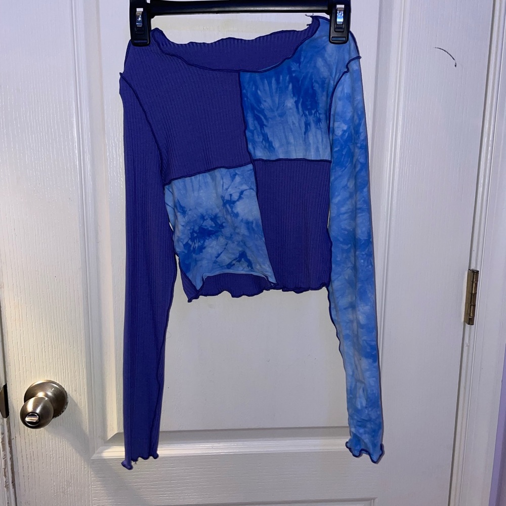 Patchwork Tie Dye blue and purple cropped long sleeve shirt